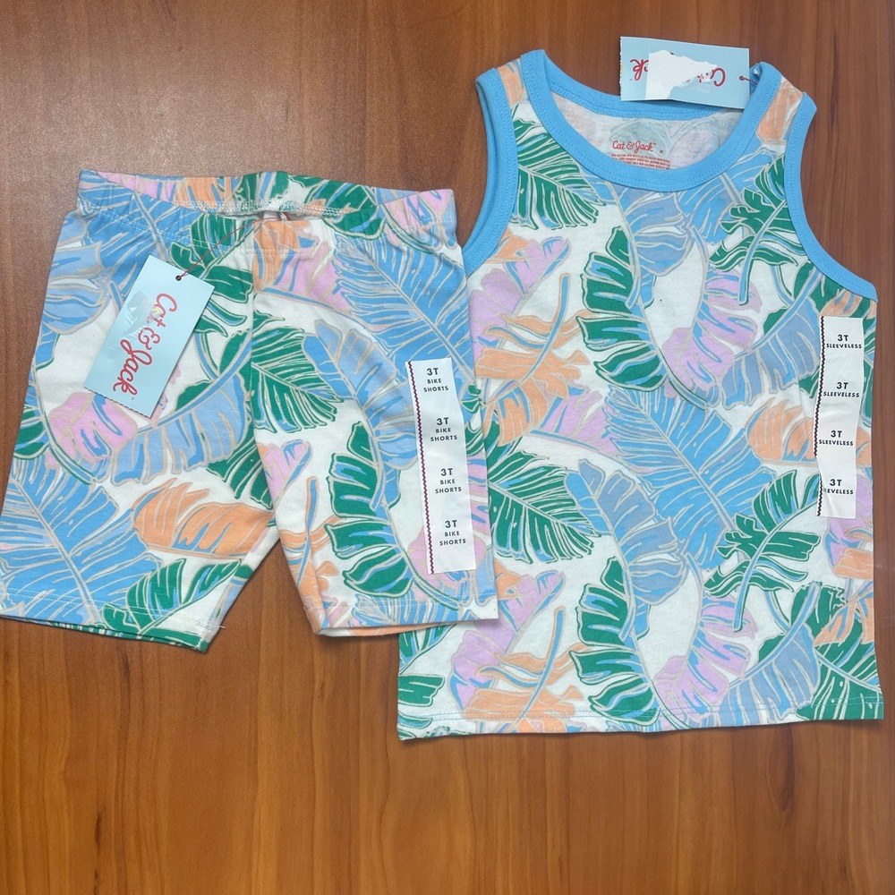 Cat & Jack Girls 3T Tropical Palm Leaf‎ Tank Top and Bike Shorts Set NWT